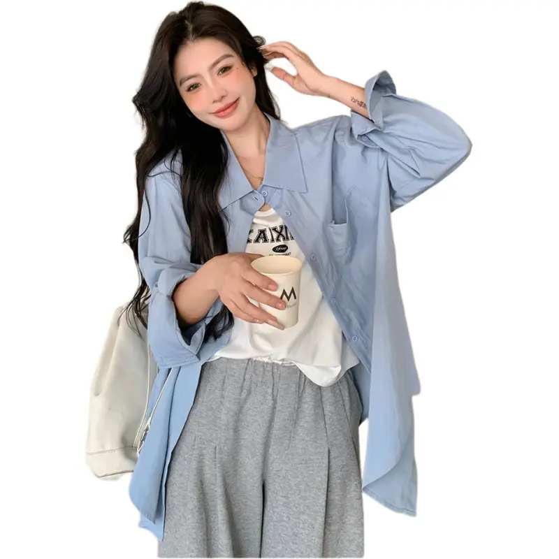 Mu Xiao Xin Shirts Women's Solid Color Blue Deer-2