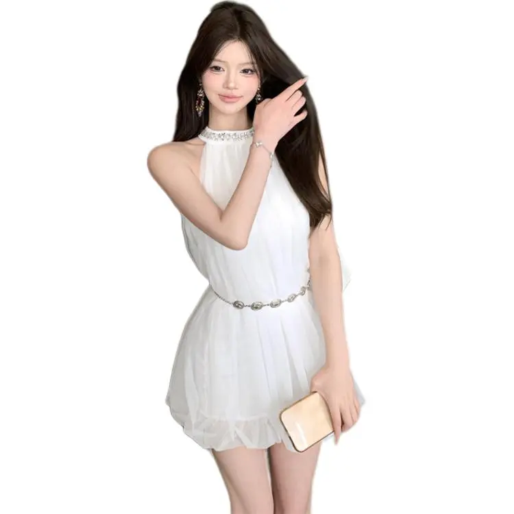 GOSO Sleeveless Dresses Women's White Skirt With Chain-3