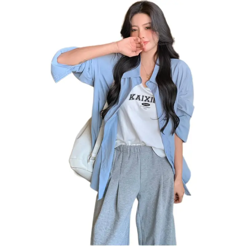 Mu Xiao Xin Shirts Women's Solid Color Blue Deer-1