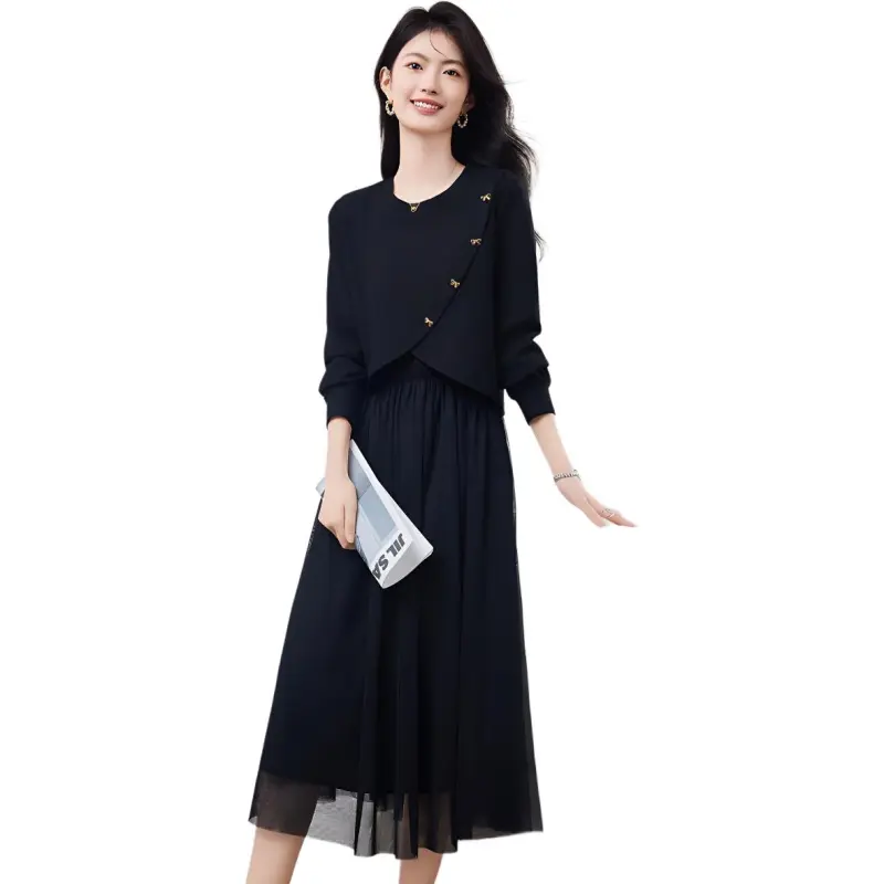 XINFEIYU Skirt Set Women's Black Top/Black Tank Dress-1