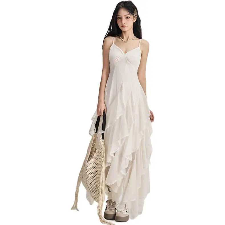 Kazakhstan Slip Dresses Women's Beige Apricot-4