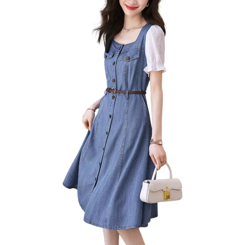 Mo Han Yi Mei Short Sleeved Dress Women's Denim Blue Patchwork-2
