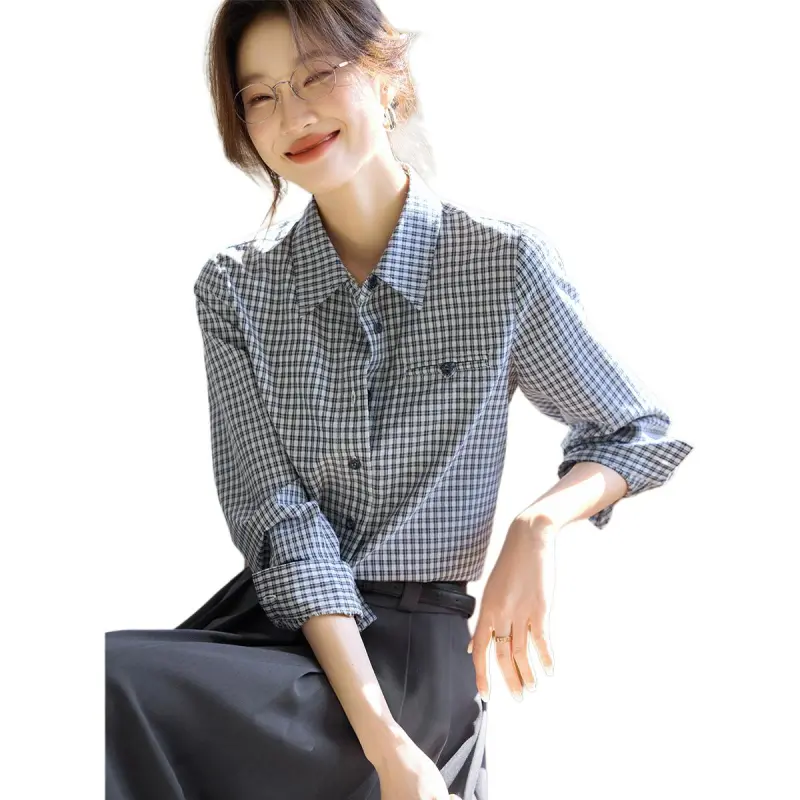 Mo Han Yi Mei Shirt Women's Navy Blue Checkered-4