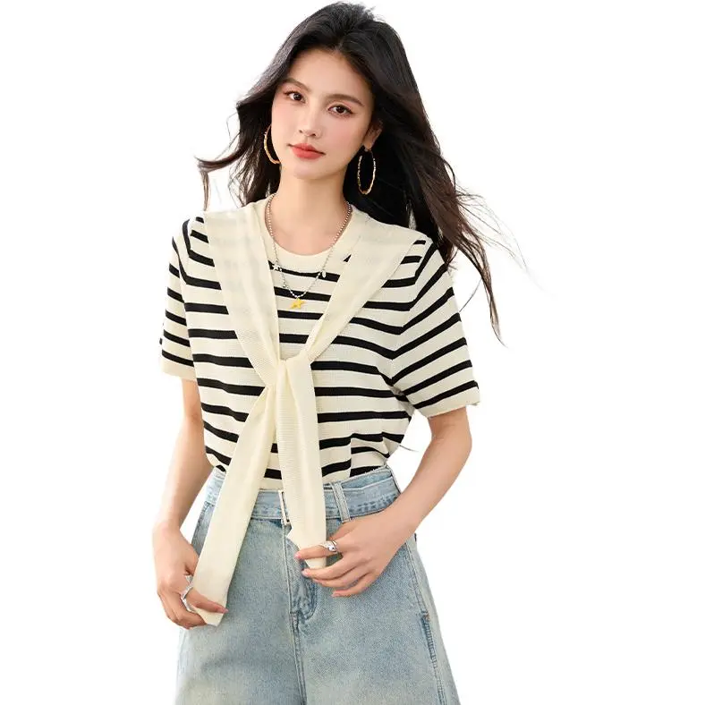 La Chapelle Knitwear Women's Black White Stripes-1