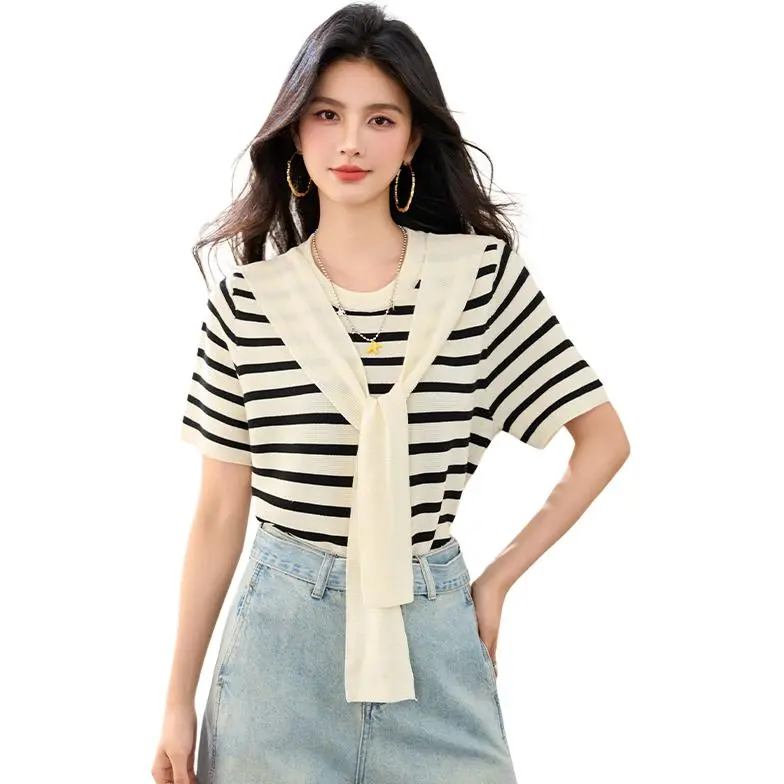 La Chapelle Knitwear Women's Black White Stripes-2