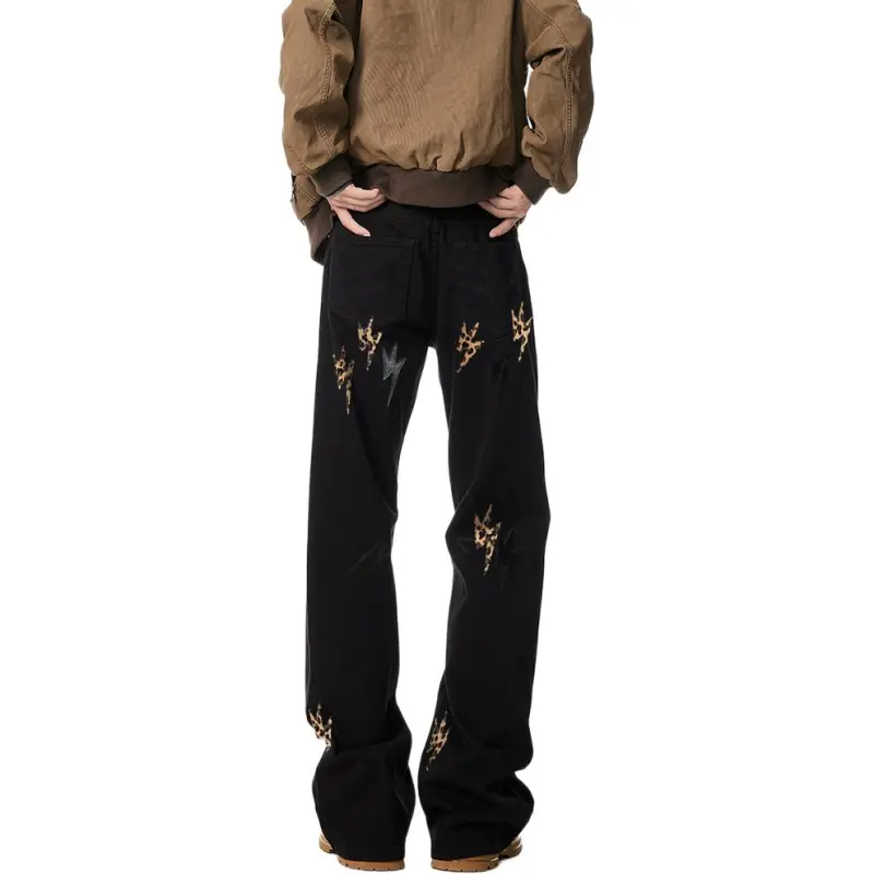 BLANC & ECLARE Brand Logo Print Relaxed Cool Mid Rise Jeans Unisex Black Leopard Print-1