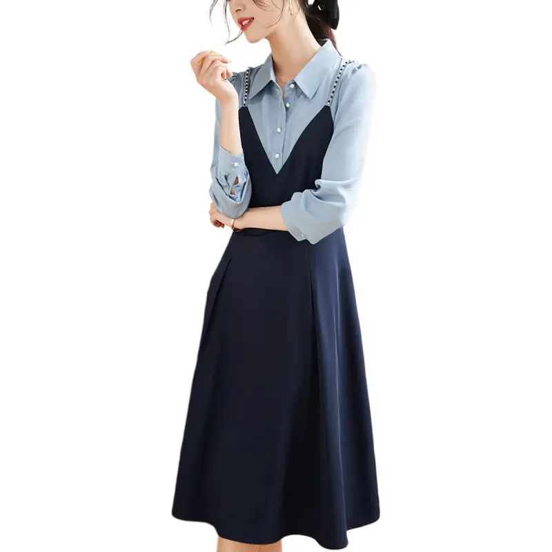 Mo Han Yi Mei Long Sleeved Dresses Women's Navy Blue-1