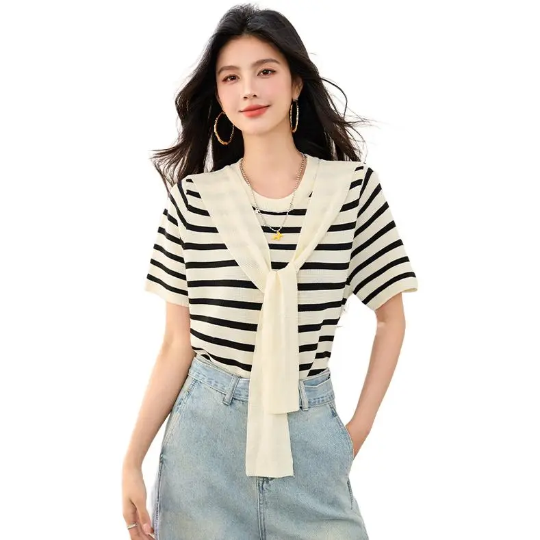 La Chapelle Knitwear Women's Black White Stripes-3