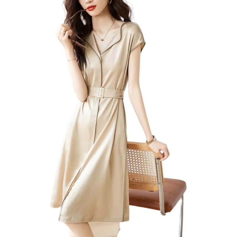 Mo Han Yi Mei Short Sleeved Dress Women's Apricot Coffee-1