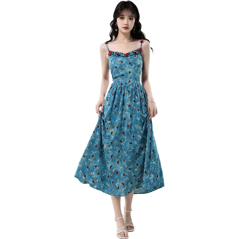 GOSO Sleeveless Dresses Women's Blue Floral-3