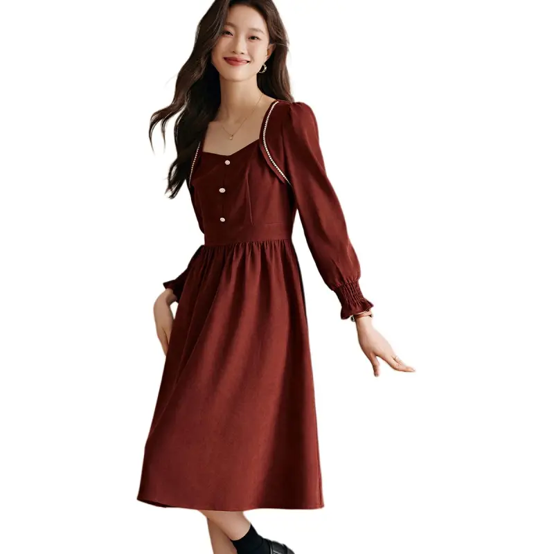 Mo Han Yi Mei Long Sleeved Dresses Women's Burgundy-5