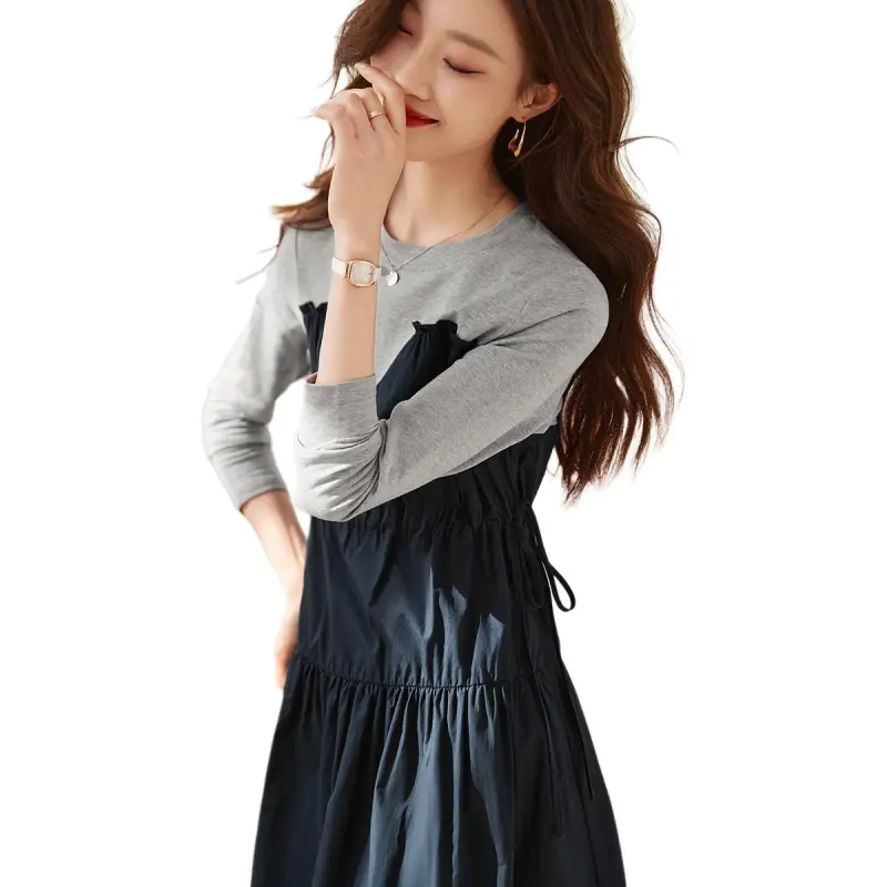 Mo Han Yi Mei Long Sleeved Dress Women's Navy Blue-2