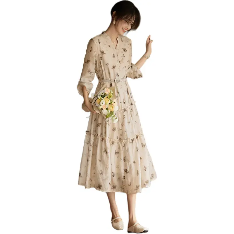 XWI Long Sleeved Dress Women's Beige With Coffee Floral-3