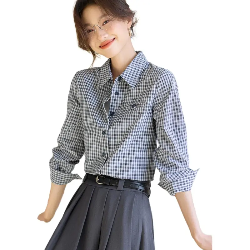 Mo Han Yi Mei Shirt Women's Navy Blue Checkered-5