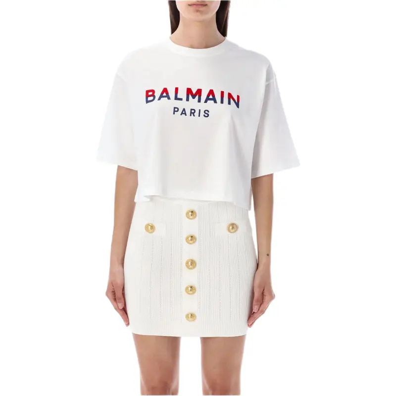 BALMAIN Flocked-logo Cropped Organic-cotton T-shirt-1