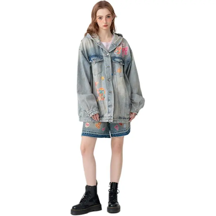 LALABOBO Denim Jacket Women's Medium Blue White-2