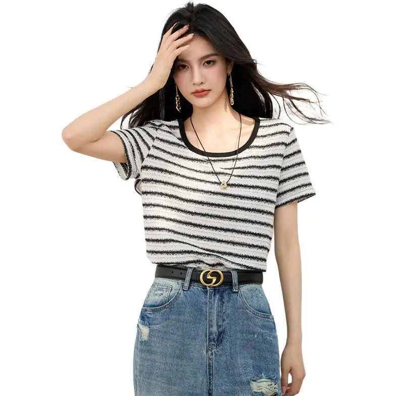 La Chapelle T Shirts Women's Black White Stripes-3
