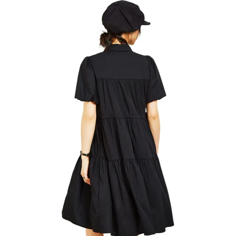 MUGUOGUOMU Summer Short Sleeved Dress Cinched Waist Women's Black-1
