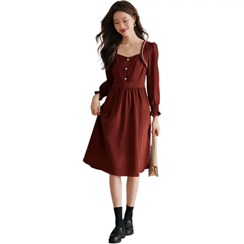 Mo Han Yi Mei Long Sleeved Dresses Women's Burgundy-6