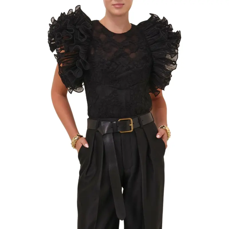 Zimmermann Ruffle Sleeve T Shirt Women's Black-1