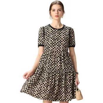 FENHONGMALI Spring Short Sleeved Dress Loose Fit Women's Checkerboard