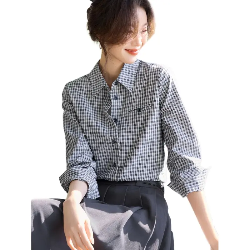 Mo Han Yi Mei Shirt Women's Navy Blue Checkered-6