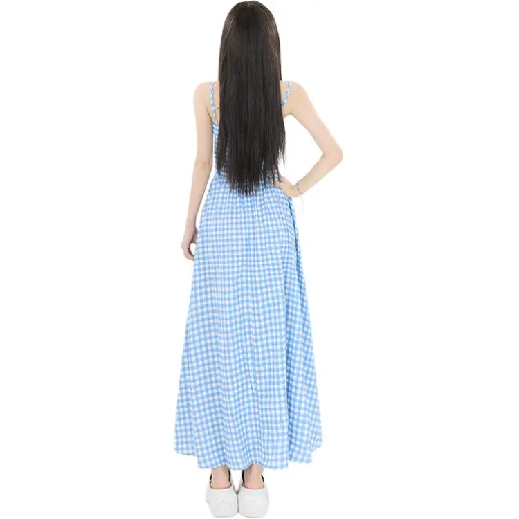 Kazakhstan Slip Dresses Women's Blue White Plaid Long Skirt-1