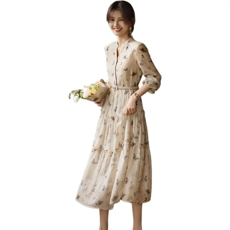 XWI Long Sleeved Dress Women's Beige With Coffee Floral-4