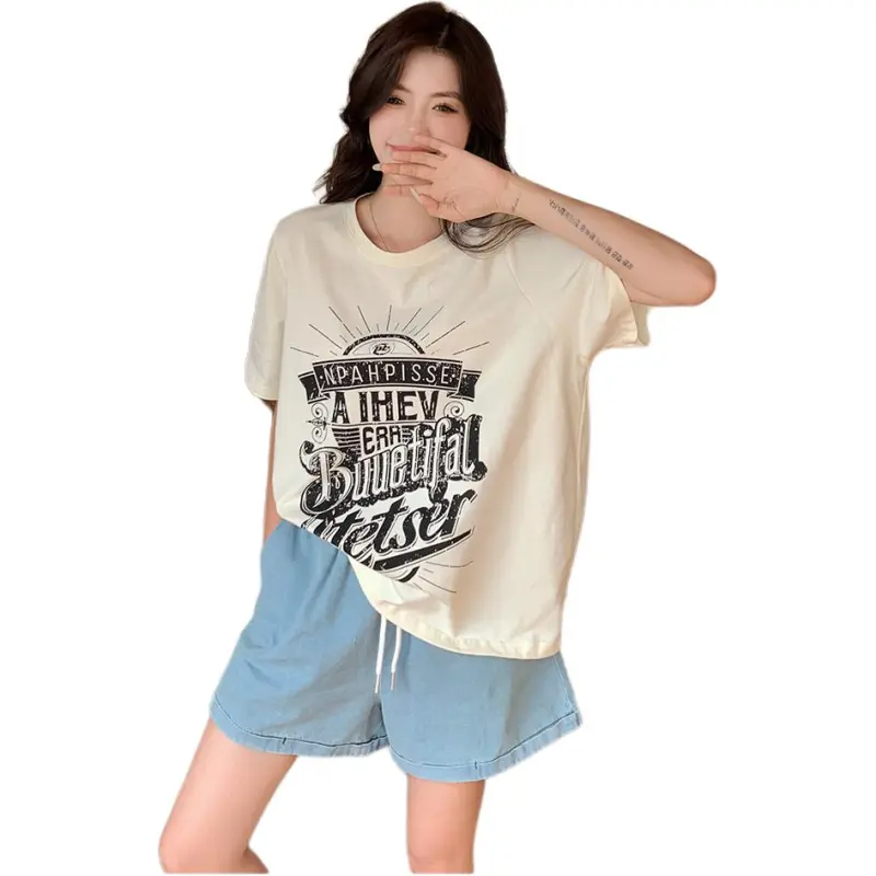 Mu Xiao Xin T Shirts Women's Apricot Large Letter T Shirt-2
