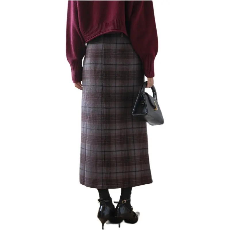 Juden Choi Casual Long Skirts Women's Gray Plaid-1