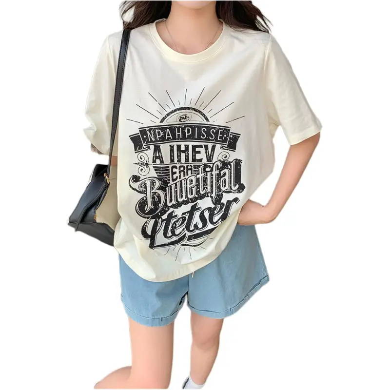 Mu Xiao Xin T Shirts Women's Apricot Large Letter T Shirt-4