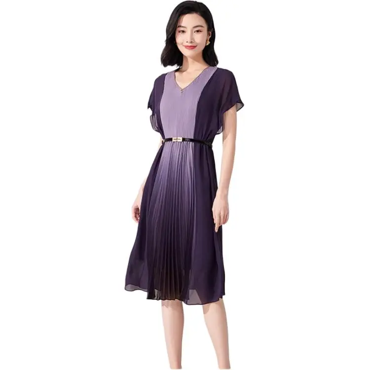 QIAOWANNI Summer Short Sleeved Dress Women's Purple-2