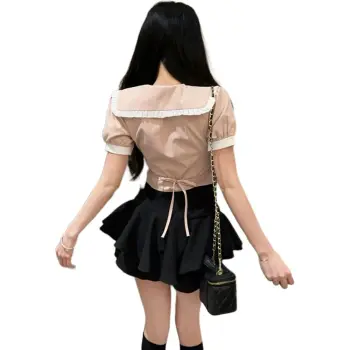 Garbege Uniform Women's Pink Shirt Tie Black Skirt Set