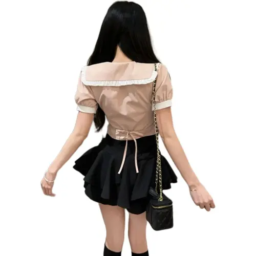 Garbege Uniform Women's Pink Shirt Tie Black Skirt Set
