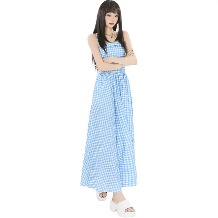 Kazakhstan Slip Dresses Women's Blue White Plaid Long Skirt-2