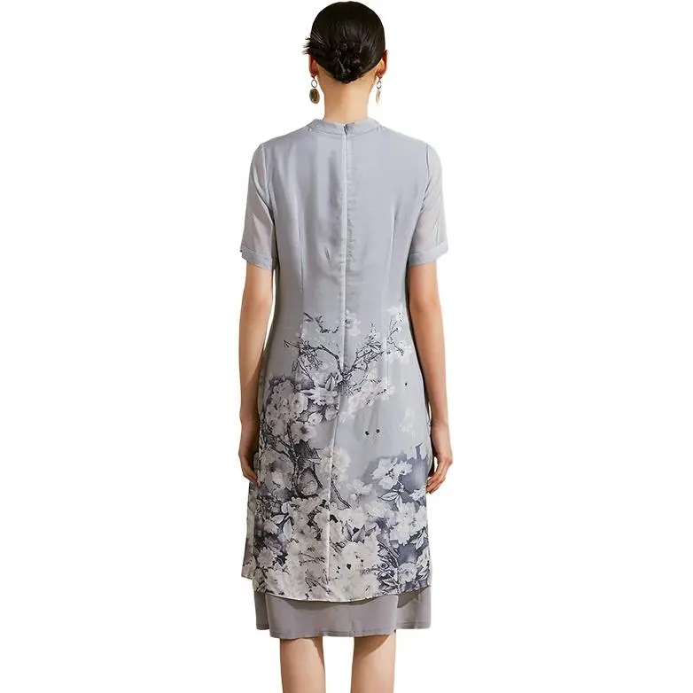 QIAOWANNI Short Sleeved Dress Women's Ink Wash Cherry Blossom-1