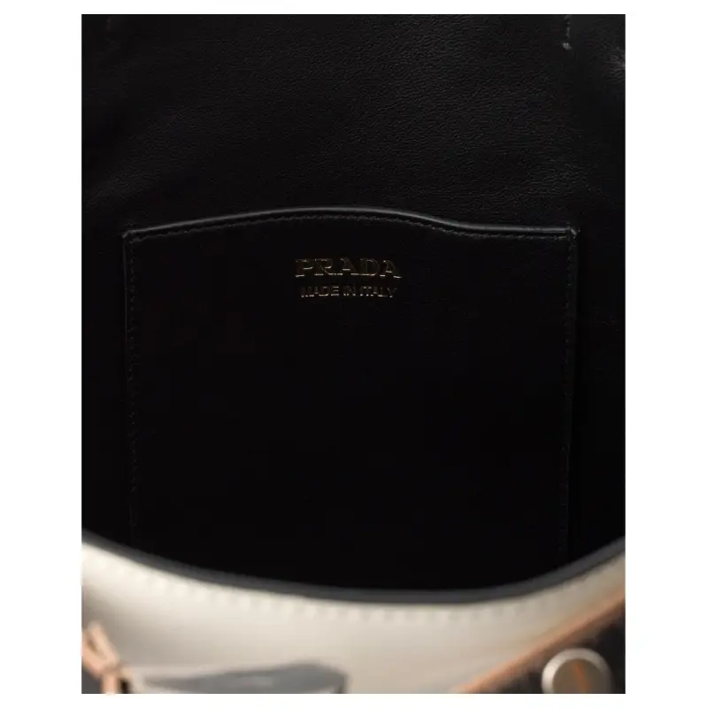 PRADA Calfskin Bucket Bag, One Shoulder Handbag Women's White & Black-3