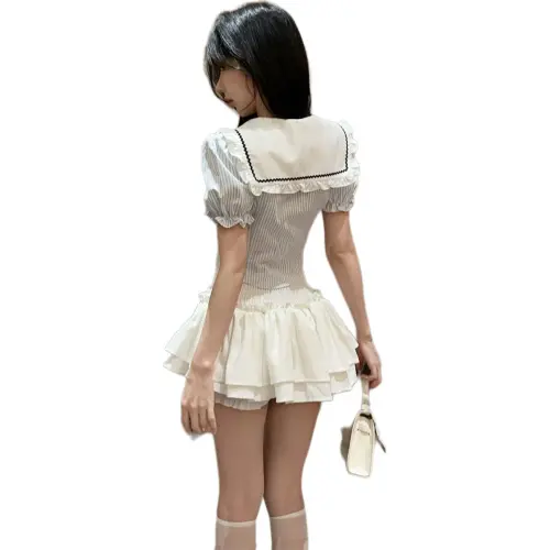 Mu Xiao Xin Two Piece Skirt Sets Women's Stripes Shirt With Bow Tie, White Pants Dress