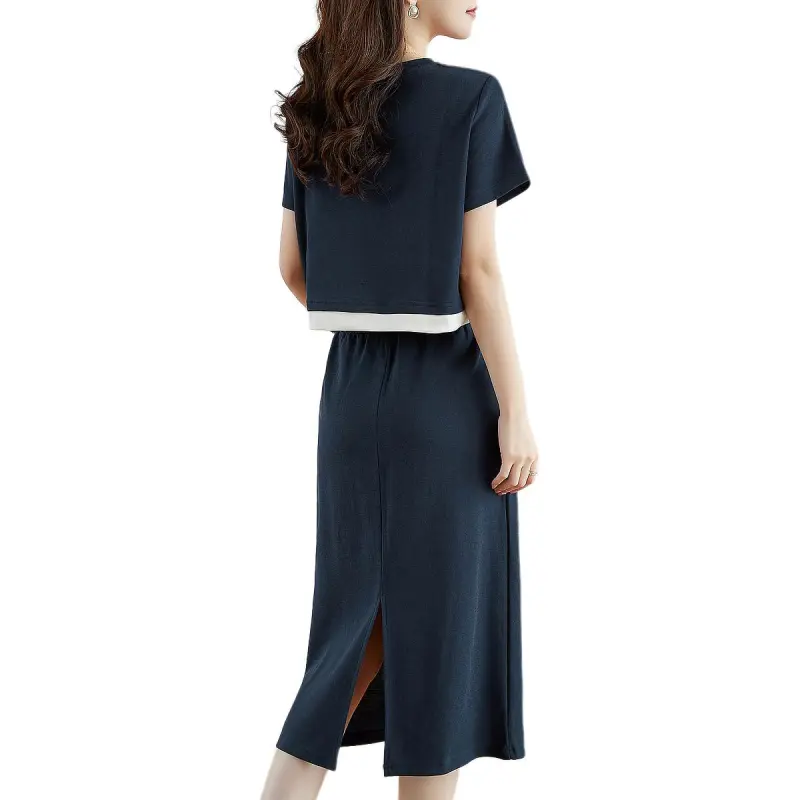 Like The Age Of Water Short Sleeved Dress Women's Navy Blue-0