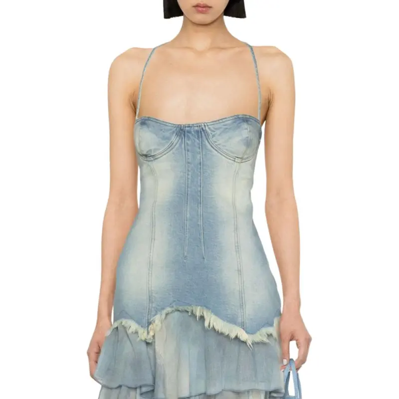 Blumarine Jean Tiered Sweetheart Neck Denim Dress-4