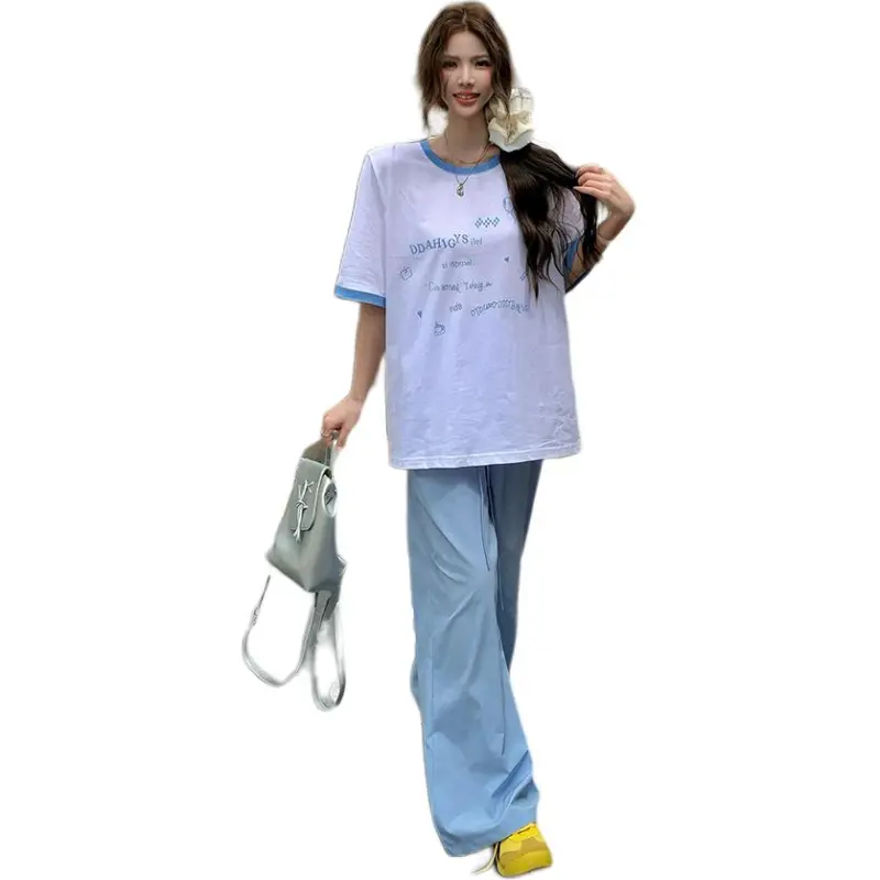 Mu Xiao Xin T Shirt Women's White Blue Patchwork English Balloons T Shirt-3