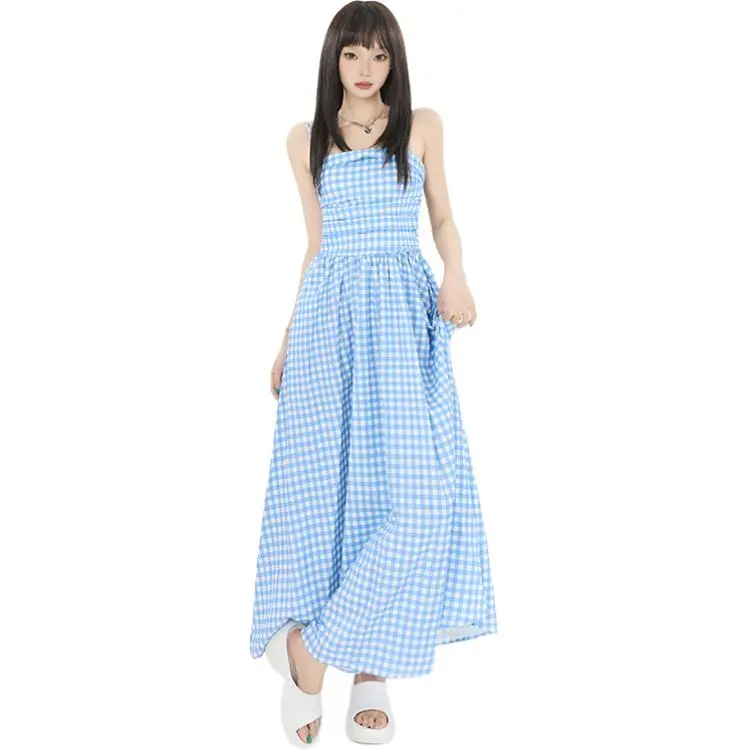 Kazakhstan Slip Dresses Women's Blue White Plaid Long Skirt-3