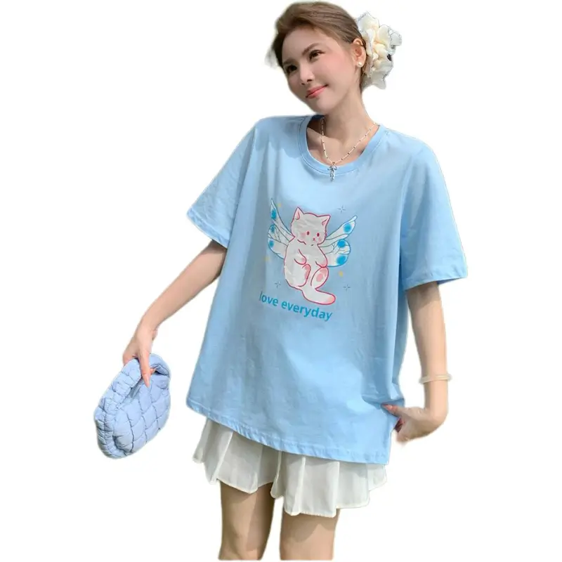 Mu Xiao Xin T Shirt Women's Light Blue Angel Kitten T Shirt-5