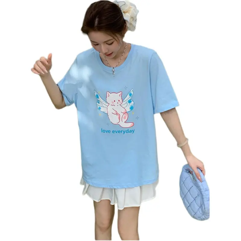 Mu Xiao Xin T Shirt Women's Light Blue Angel Kitten T Shirt-1