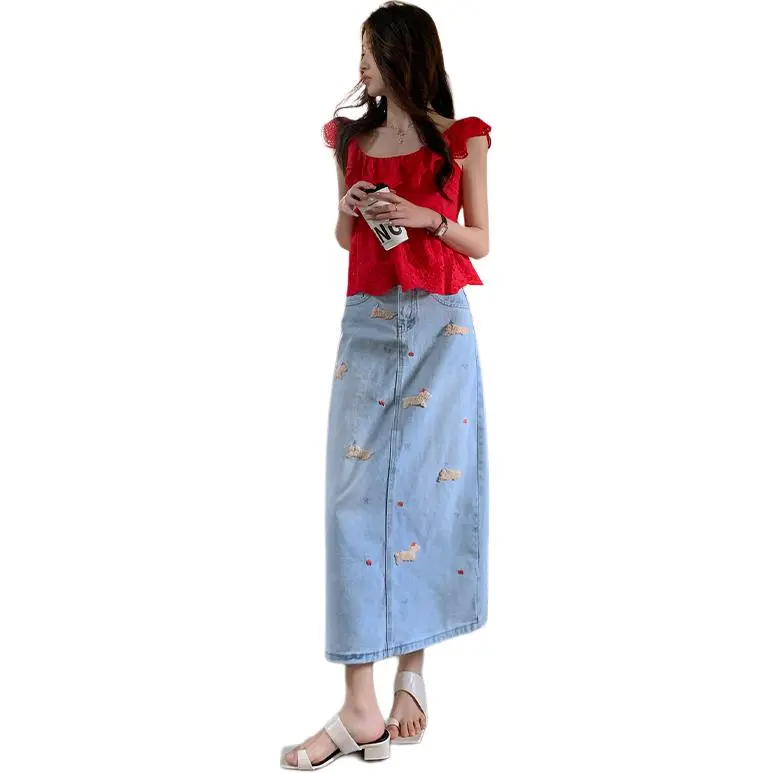 GOSO Denim Long Skirts Women's Blue-4