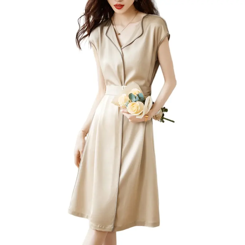 Mo Han Yi Mei Short Sleeved Dress Women's Apricot Coffee-2