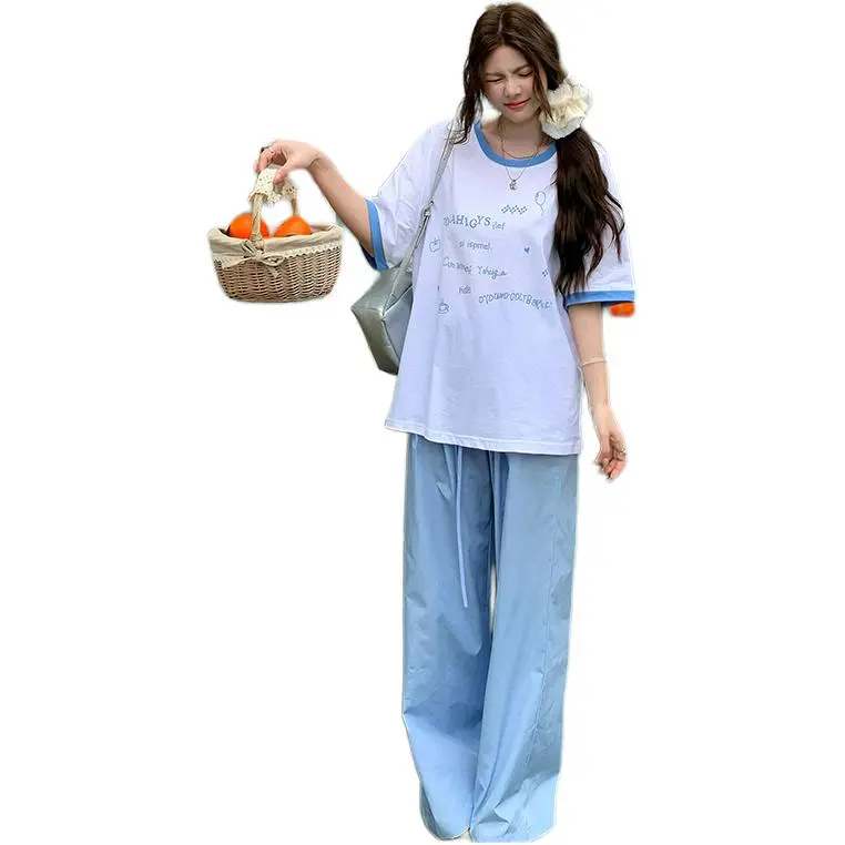 Mu Xiao Xin T Shirt Women's White Blue Patchwork English Balloons T Shirt-2