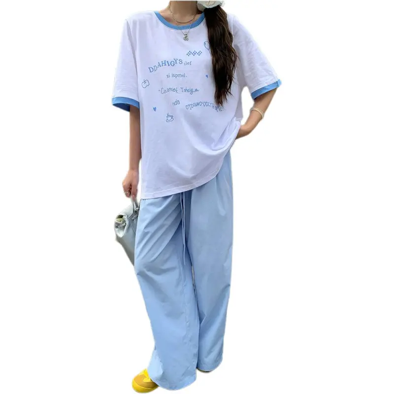Mu Xiao Xin T Shirt Women's White Blue Patchwork English Balloons T Shirt-1