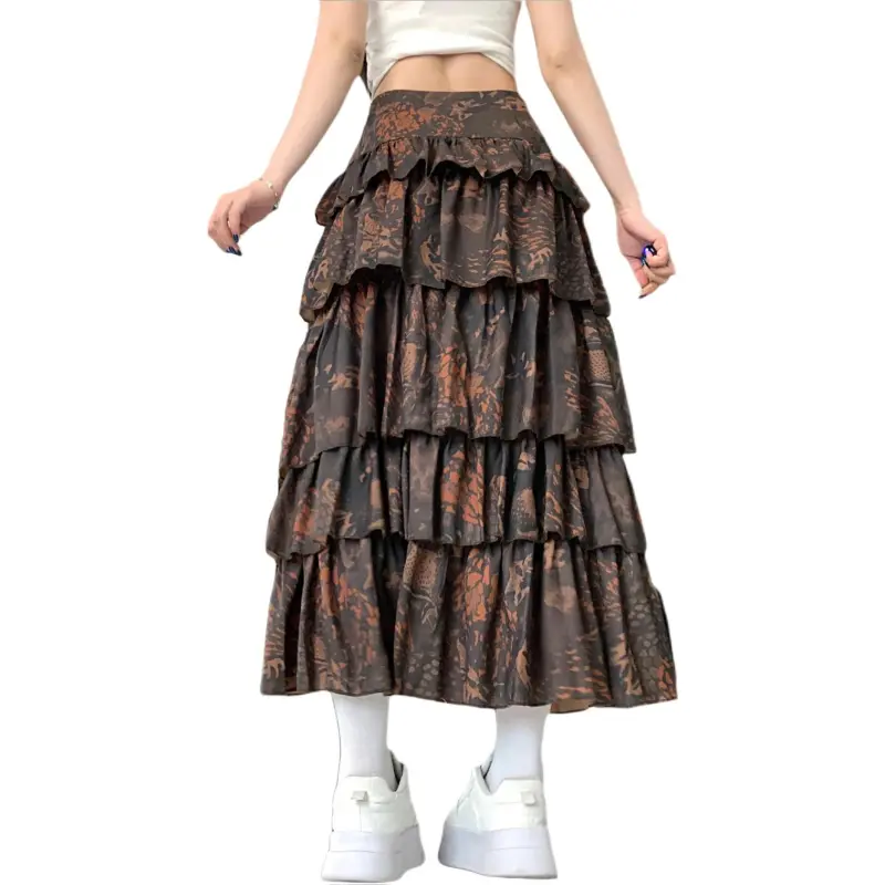GOSO Casual Long Skirts Women's Brown With Print-2