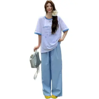 Mu Xiao Xin T Shirt Women's White Blue Patchwork Balloon T Shirt